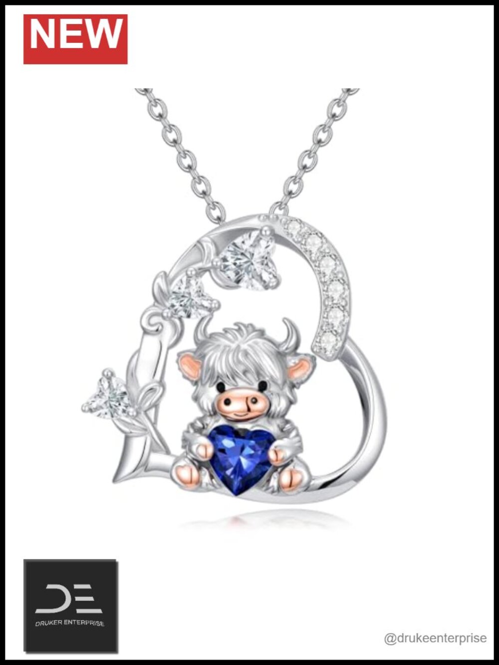 Sterling Silver Highland Cow Birthstone Necklace Pendant Women Gift